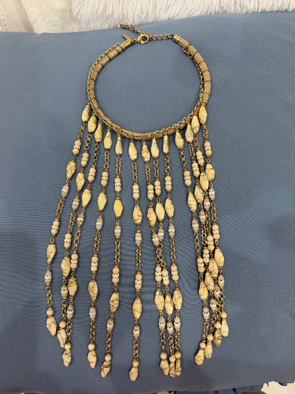 Chico's Gold Tone Multi-Strand Graduated Bead Fringe Statement Necklace